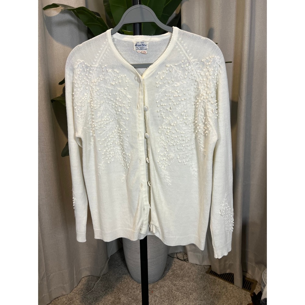 Vintage Cream Embroidered Popcorn Knit Cardigan Sweater Women Size 42 RN 24253